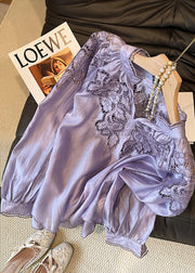 Women Purple Embroidered Hollow Out Silk Shirt Tops Fall