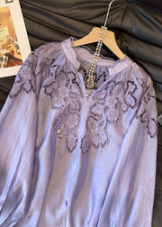Women Purple Embroidered Hollow Out Silk Shirt Tops Fall
