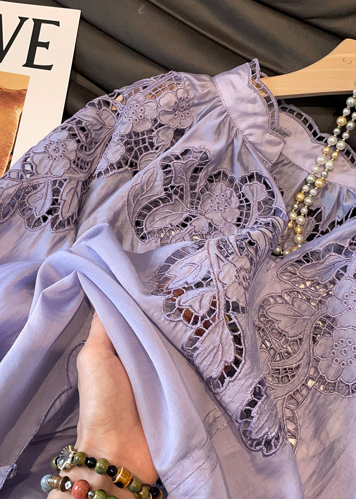 Women Purple Embroidered Hollow Out Silk Shirt Tops Fall