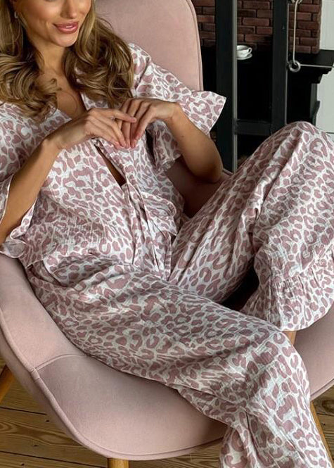 Women Purple Leopard Print Lace Up Cotton Pajama Sets Summer