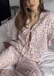 Women Purple Leopard Print Lace Up Cotton Pajama Sets Summer