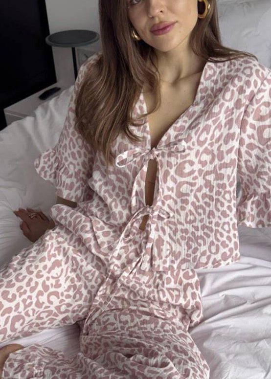 Women Purple Leopard Print Lace Up Cotton Pajama Sets Summer