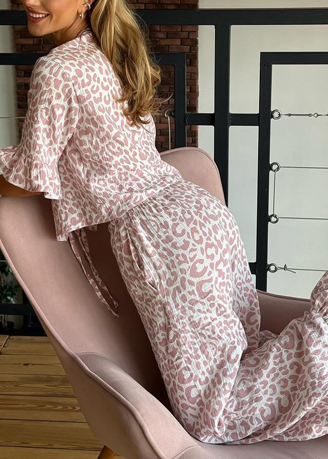 Women Purple Leopard Print Lace Up Cotton Pajama Sets Summer