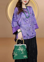 Women Purple O Neck Print Button Silk Shirts Fall
