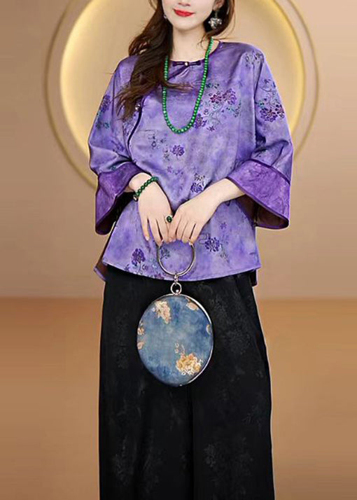 Women Purple O Neck Print Button Silk Shirts Fall