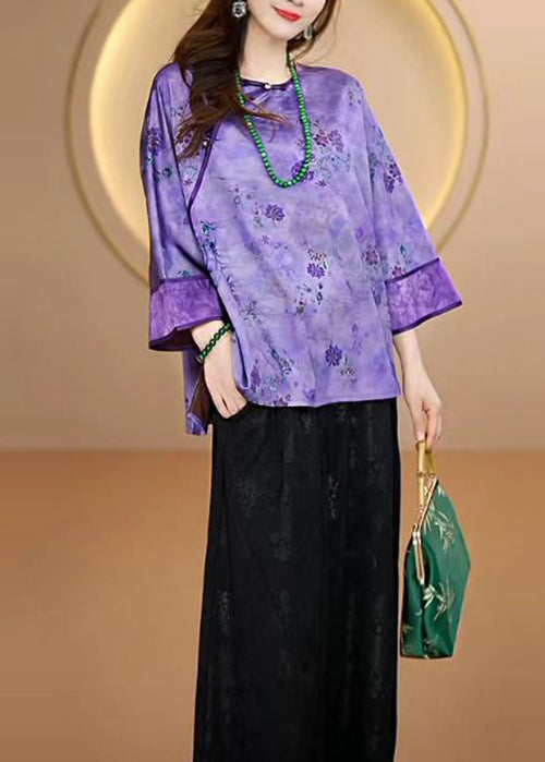 Women Purple O Neck Print Button Silk Shirts Fall