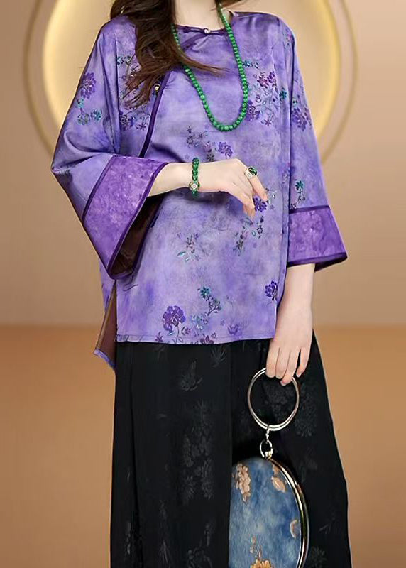 Women Purple O Neck Print Button Silk Shirts Fall