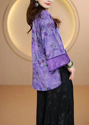 Women Purple O Neck Print Button Silk Shirts Fall
