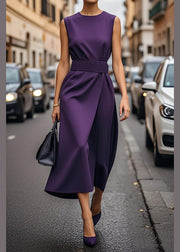 Women Purple O Neck Tie Waist Cotton Dress Sleeveless