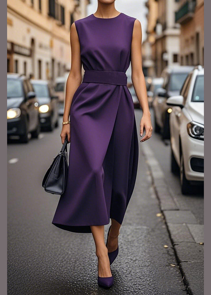 Women Purple O Neck Tie Waist Cotton Dress Sleeveless