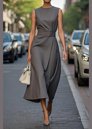 Women Purple O Neck Tie Waist Cotton Dress Sleeveless