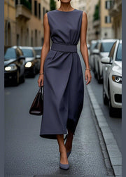Women Purple O Neck Tie Waist Cotton Dress Sleeveless