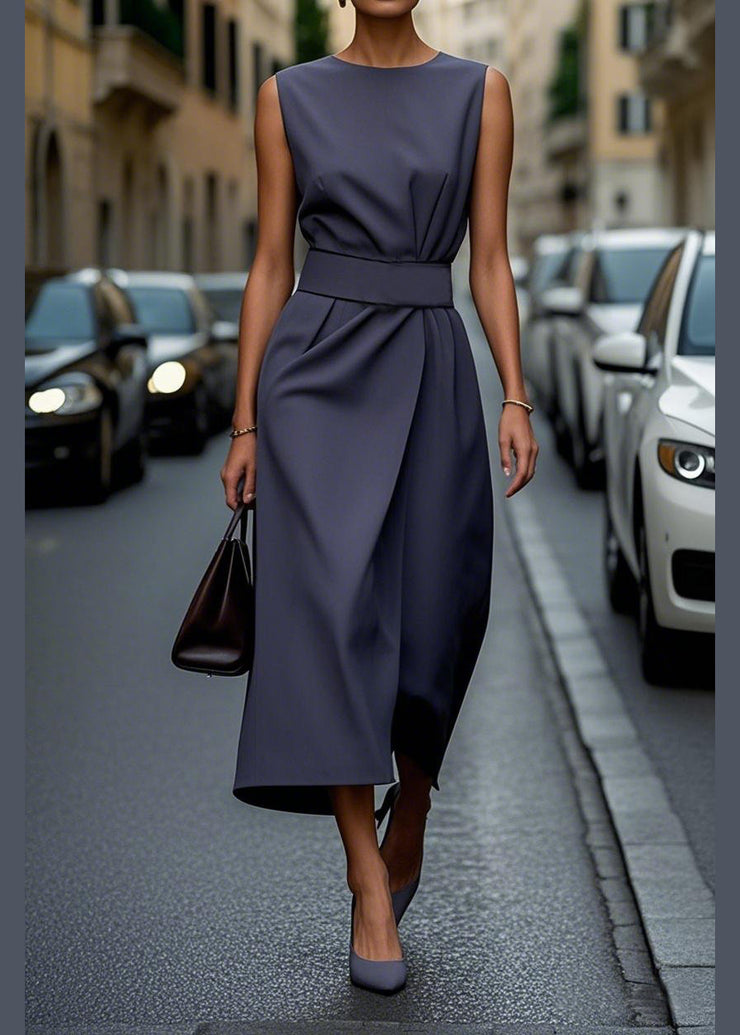 Women Purple O Neck Tie Waist Cotton Dress Sleeveless