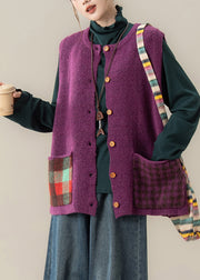 Women Purple Patchwork Button Cozy Cotton Knit Waistcoat Winter