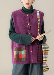 Women Purple Patchwork Button Cozy Cotton Knit Waistcoat Winter