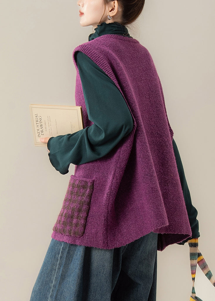 Women Purple Patchwork Button Cozy Cotton Knit Waistcoat Winter