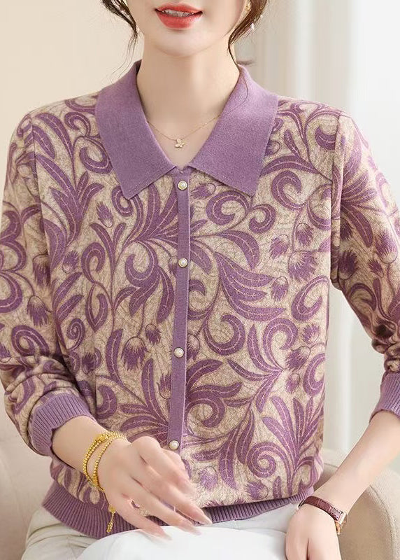 Women Purple Peter Pan Collar Print Knit Sweaters Fall