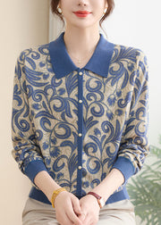 Women Purple Peter Pan Collar Print Knit Sweaters Fall