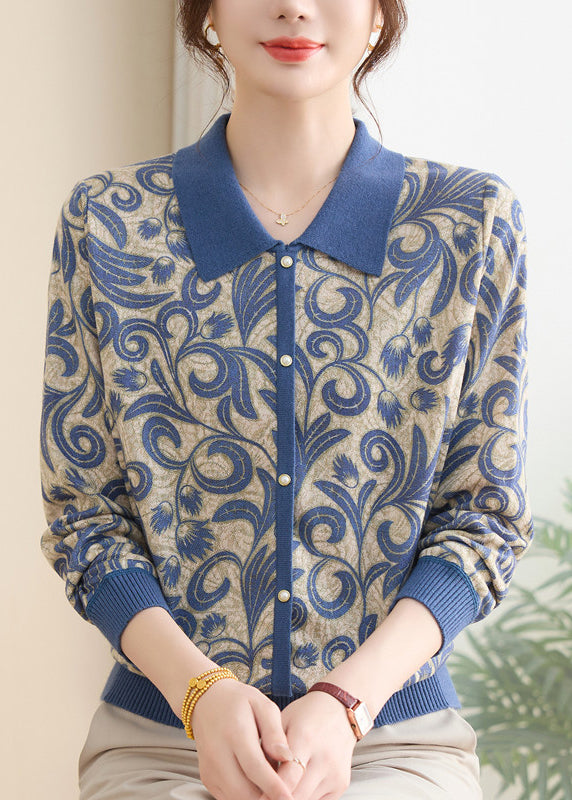 Women Purple Peter Pan Collar Print Knit Sweaters Fall