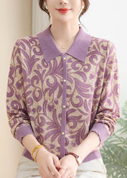 Women Purple Peter Pan Collar Print Knit Sweaters Fall