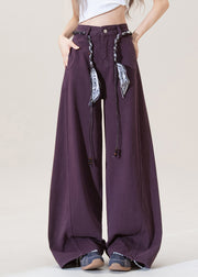 Women Purple Pockets High Waist Denim Pants Fall