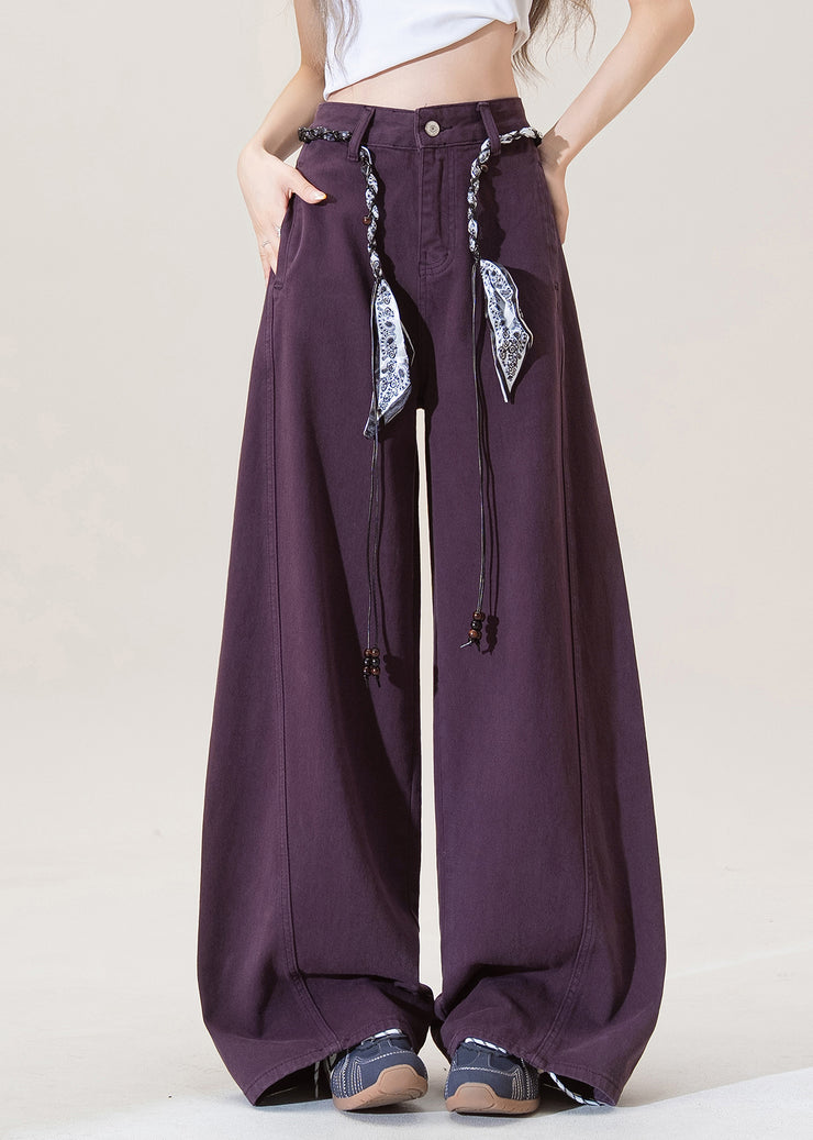 Women Purple Pockets High Waist Denim Pants Fall