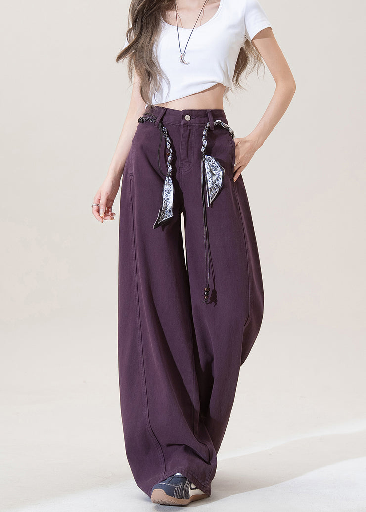 Women Purple Pockets High Waist Denim Pants Fall