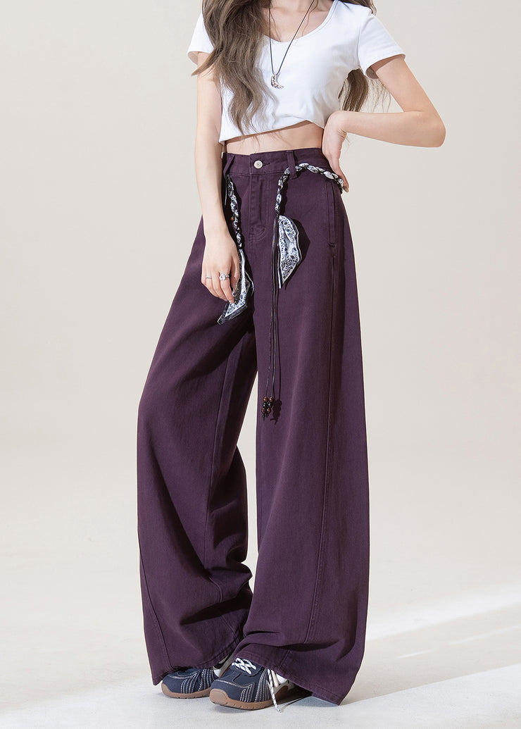 Women Purple Pockets High Waist Denim Pants Fall