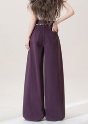 Women Purple Pockets High Waist Denim Pants Fall