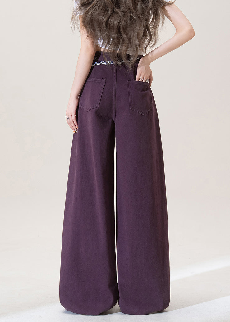 Women Purple Pockets High Waist Denim Pants Fall