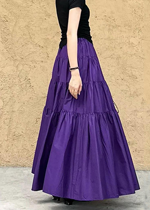 Women Purple Pockets Wrinkled Solid Cotton Skirt Summer