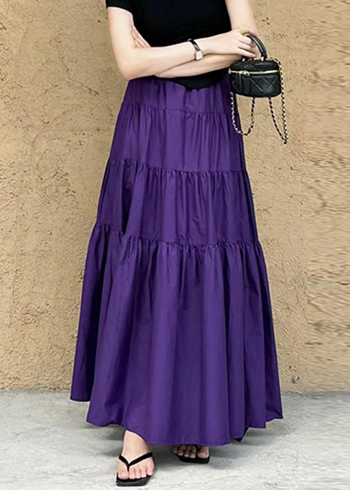 Women Purple Pockets Wrinkled Solid Cotton Skirt Summer