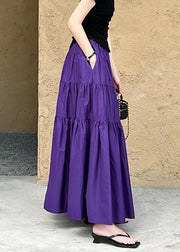 Women Purple Pockets Wrinkled Solid Cotton Skirt Summer