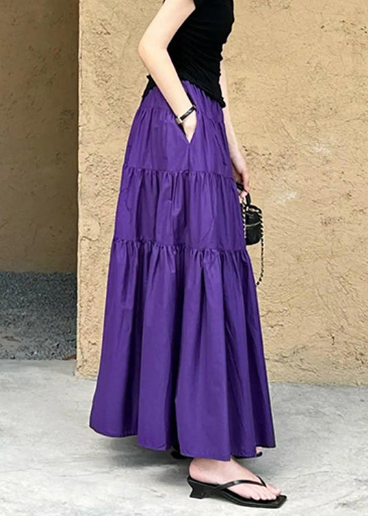 Women Purple Pockets Wrinkled Solid Cotton Skirt Summer
