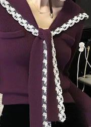 Women Purple Sailor Collar Lace Patchwork Knit Sweater Winter