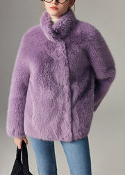 Women Purple Stand Collar Solid Leather And Fur Coats Winter
