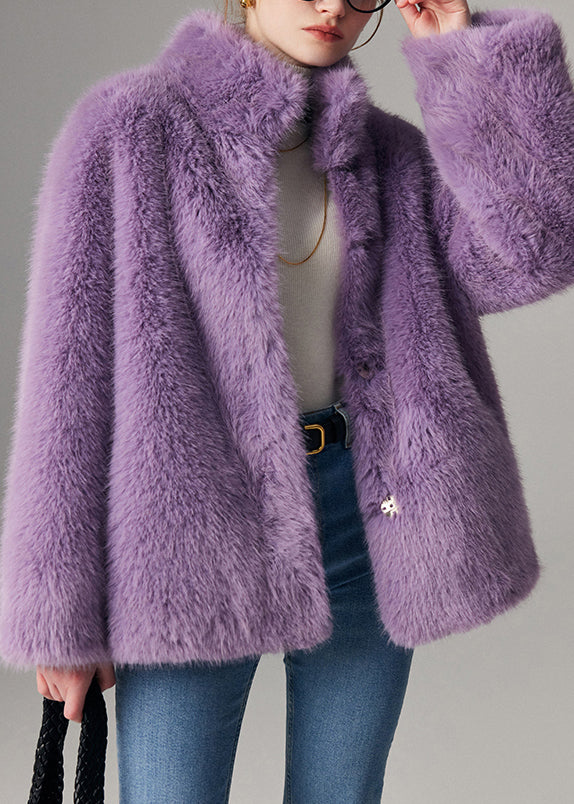 Women Purple Stand Collar Solid Leather And Fur Coats Winter
