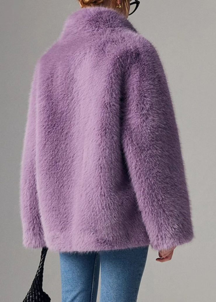 Women Purple Stand Collar Solid Leather And Fur Coats Winter