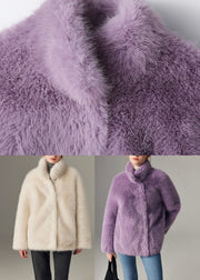 Women Purple Stand Collar Solid Leather And Fur Coats Winter