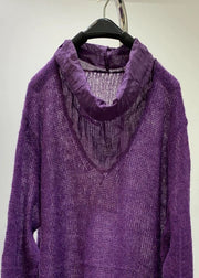 Women Purple Turtleneck Hollow Out Solid Knit Sweaters Fall