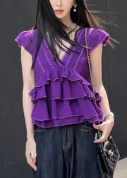 Women Purple V Neck Lace Layered Cotton T Shirt Summer