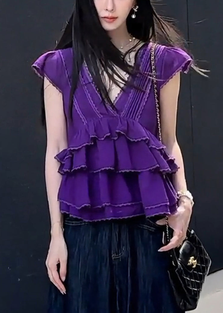 Women Purple V Neck Lace Layered Cotton T Shirt Summer