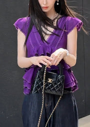 Women Purple V Neck Lace Layered Cotton T Shirt Summer
