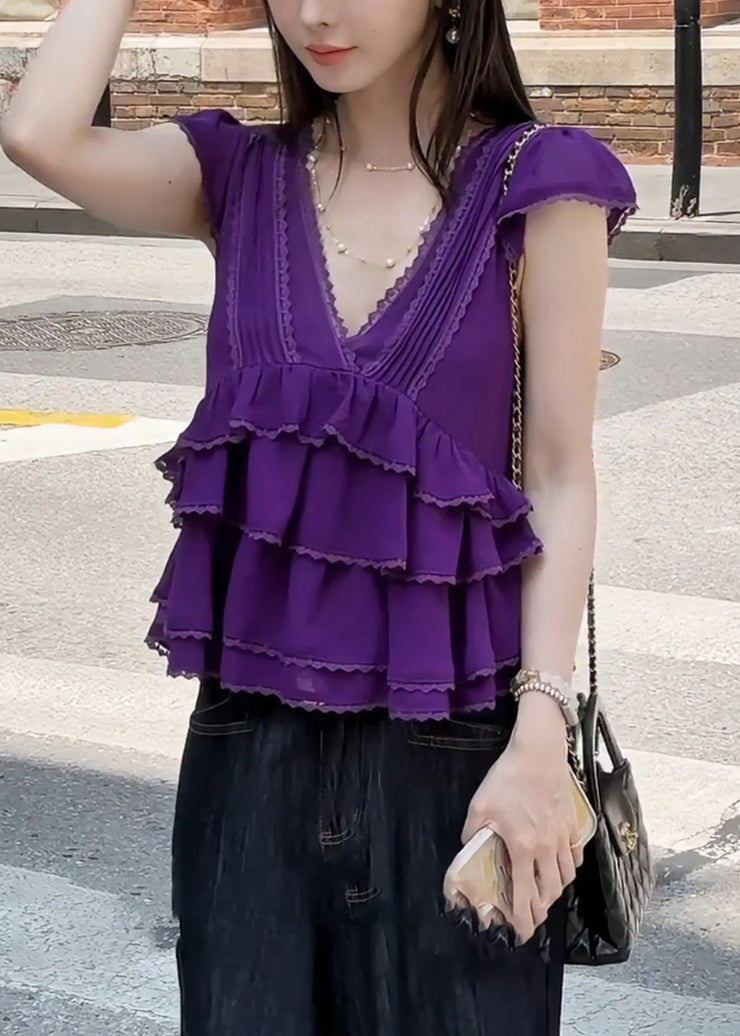 Women Purple V Neck Lace Layered Cotton T Shirt Summer