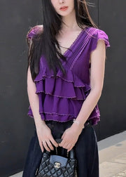 Women Purple V Neck Lace Layered Cotton T Shirt Summer