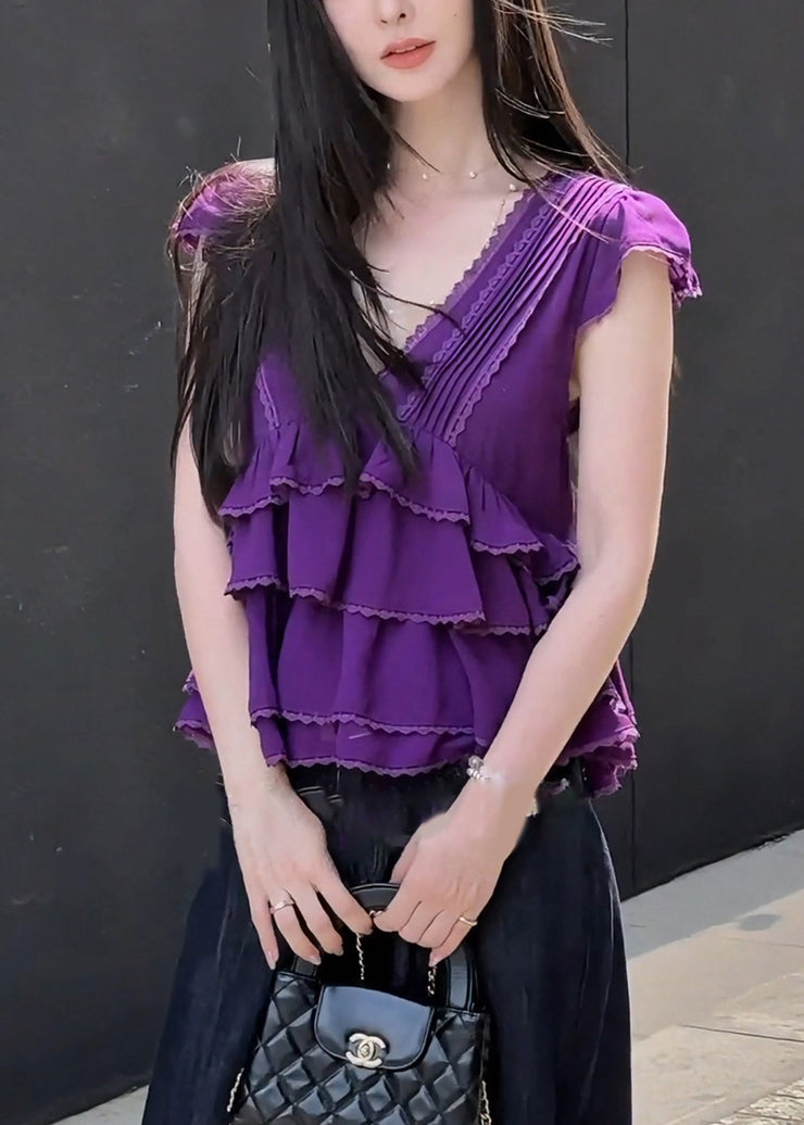 Women Purple V Neck Lace Layered Cotton T Shirt Summer