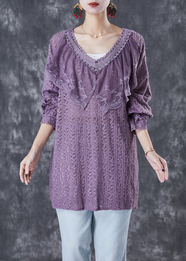 Women Purple V Neck Patchwork Lace Shirts Fall