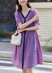 Women Purple V Neck Plaid Patchwork Cotton Dresses Summer