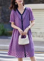 Women Purple V Neck Plaid Patchwork Cotton Dresses Summer