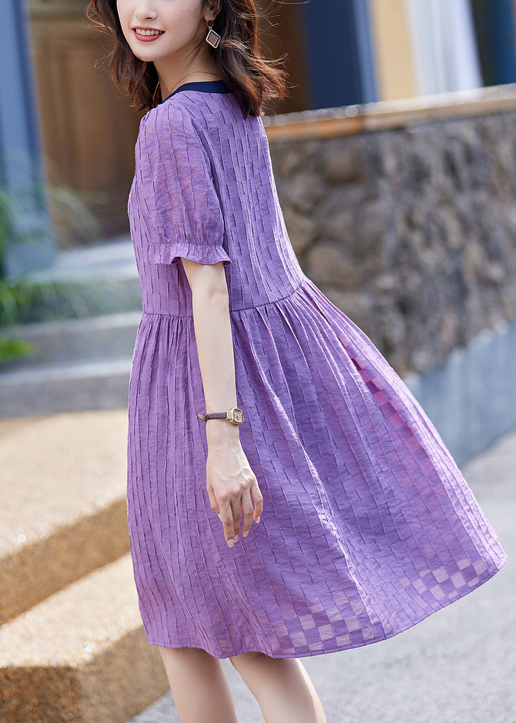 Women Purple V Neck Plaid Patchwork Cotton Dresses Summer